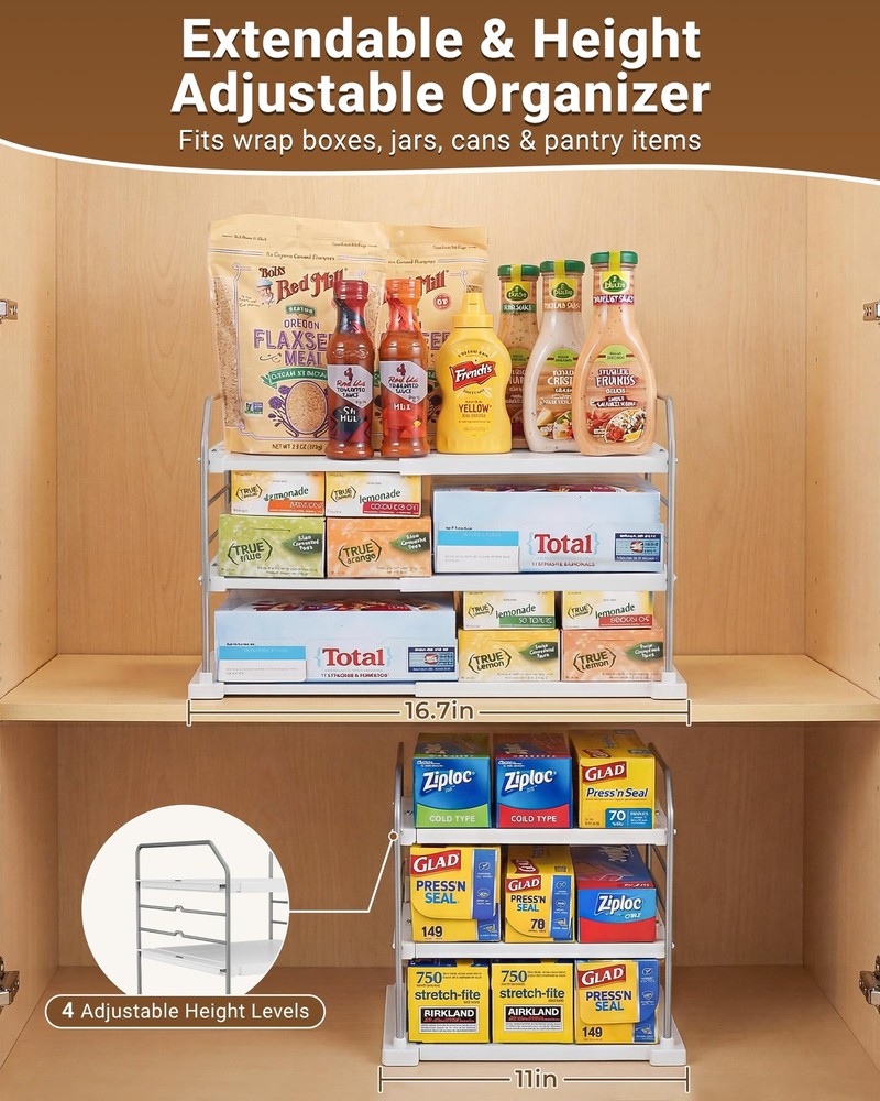 Extendable 3-Tier Kitchen Cabinet & Pantry Organizer for Plastic Wrap, Foil &...