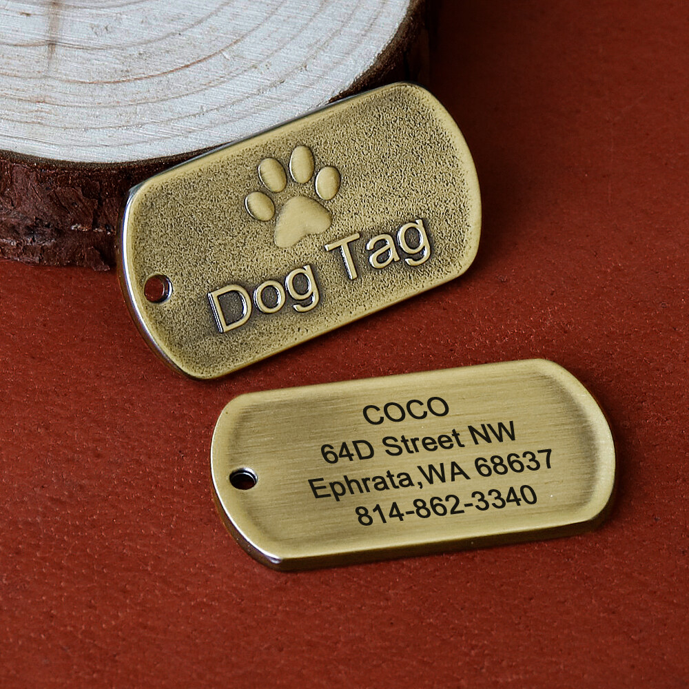 BRASS DOG TAGS RECTANGLE PERSONALIZED CUSTOM PET NAME ID ENGRAVED FOR COLLAR