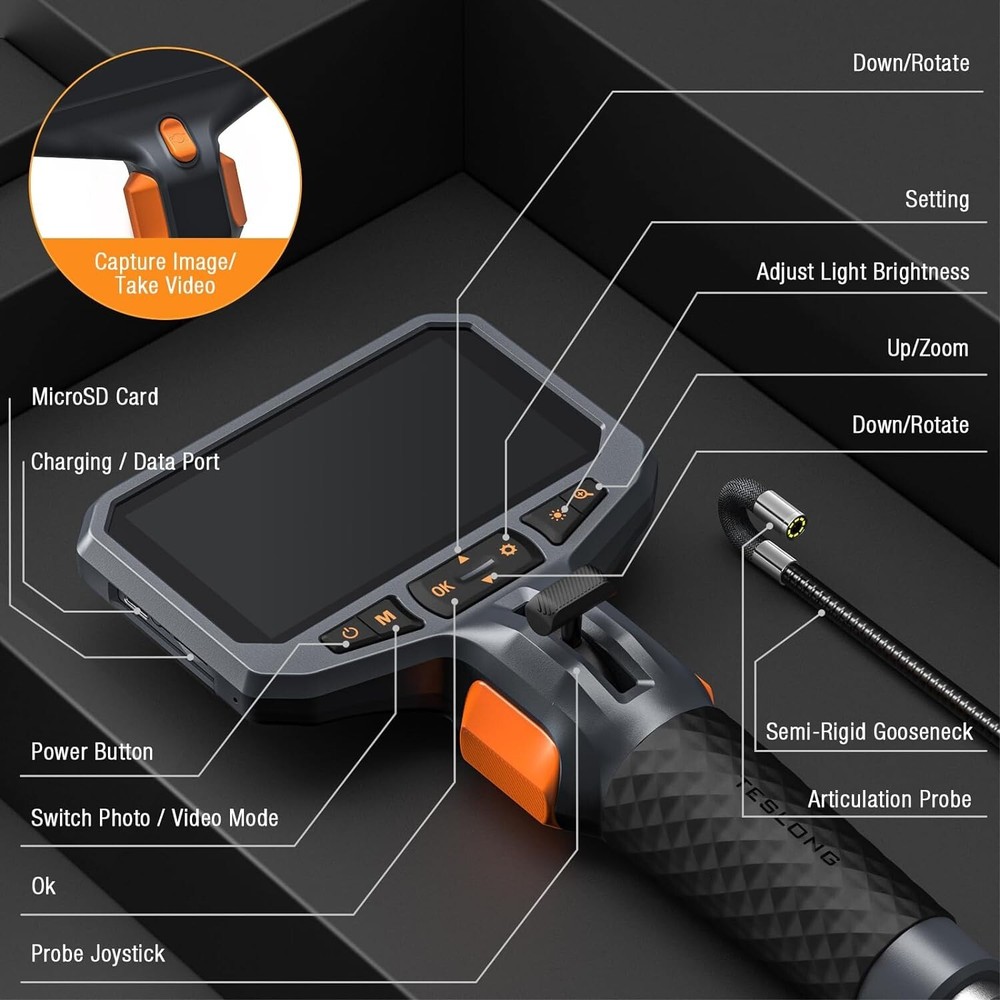 Two-Way Articulating Borescope Teslong Industrial Endoscope Inspection Camera