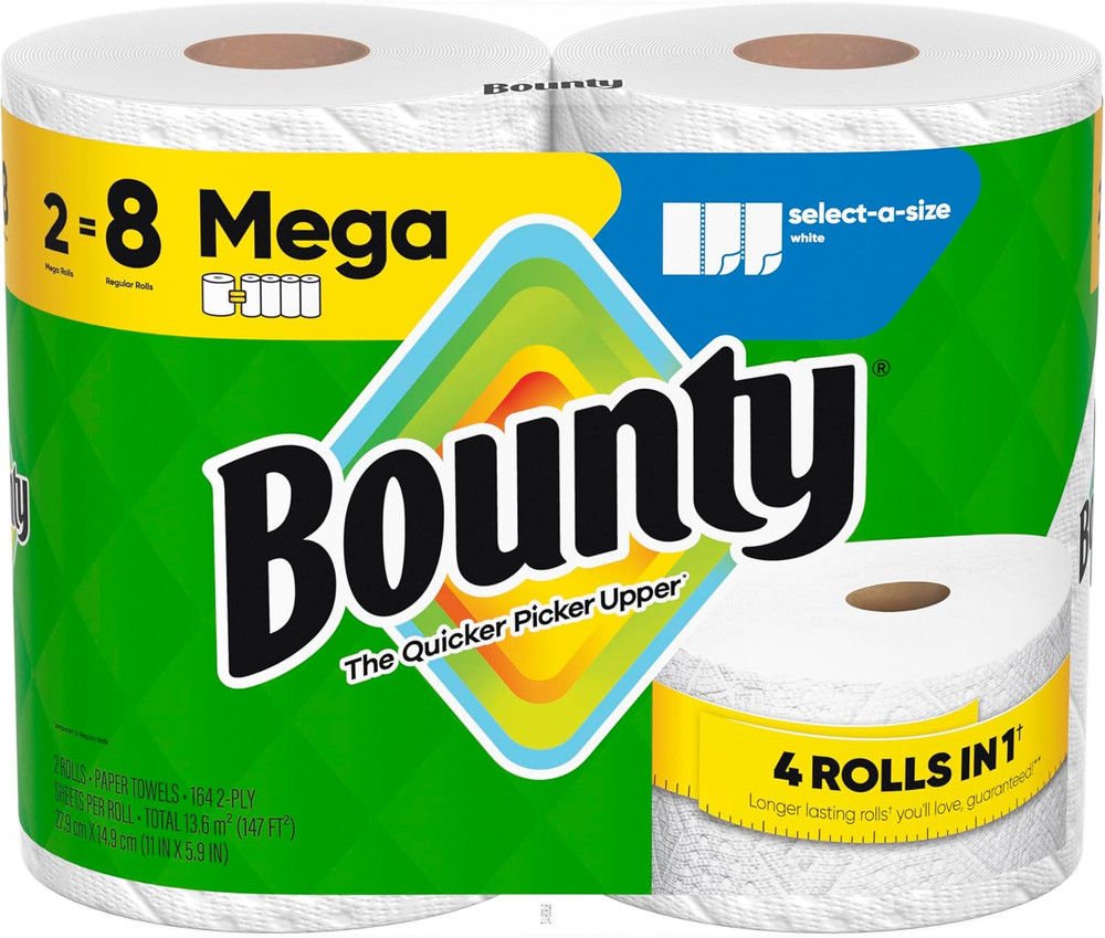 Bounty Select-A-Size Paper Towels, White, 2 Mega Rolls = 8 Regular Rolls