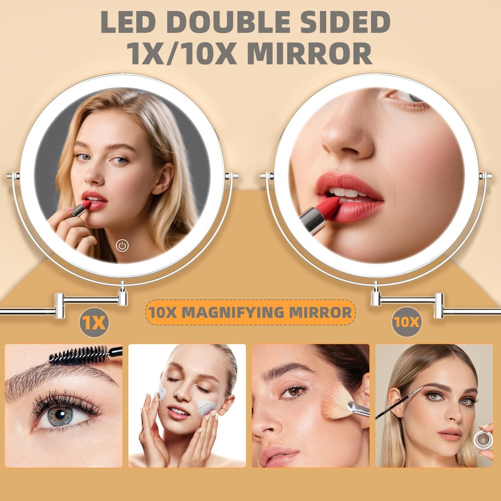 8.5" Wall Mounted Makeup Mirror with Light, 2000mAh Rechargeable Double Sided...