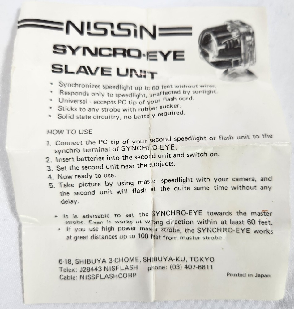 NISSIN SYNCHRO EYE MICRO CAMERA FLASH SLAVE PC CONNECT TRIGGER SUCTION CUP