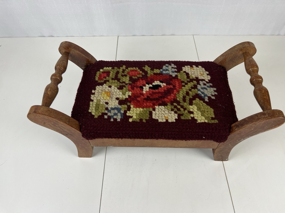 Antique Solid Wood Frame Needlepoint Cushion Top Small Footstool Fair Condition