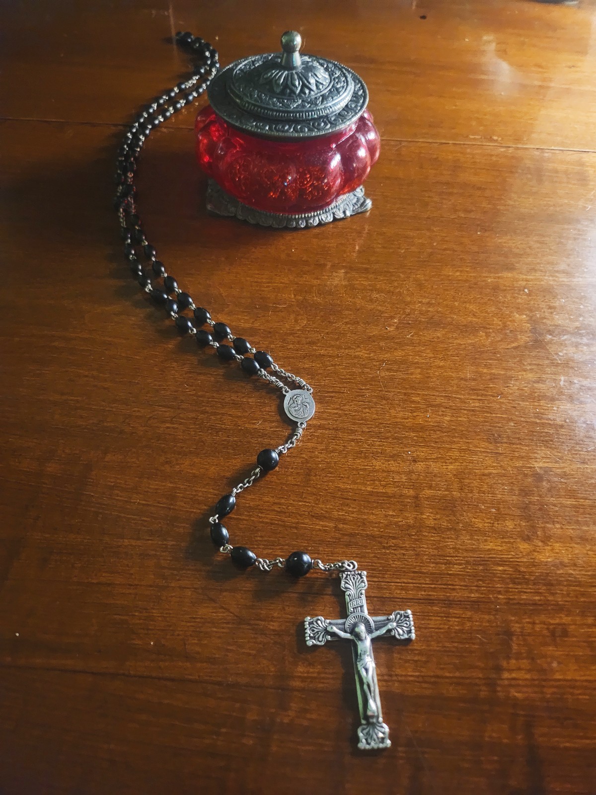 Vintage Sterling Silver Celluloid Bead Rosary & Vtg Red Moroccan Blown Glass Box