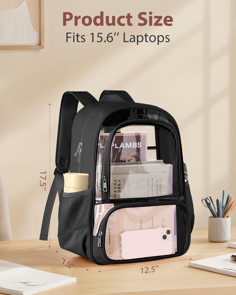 Clear Backpack, Fabric & PVC Transparent Backpack with Large, Black