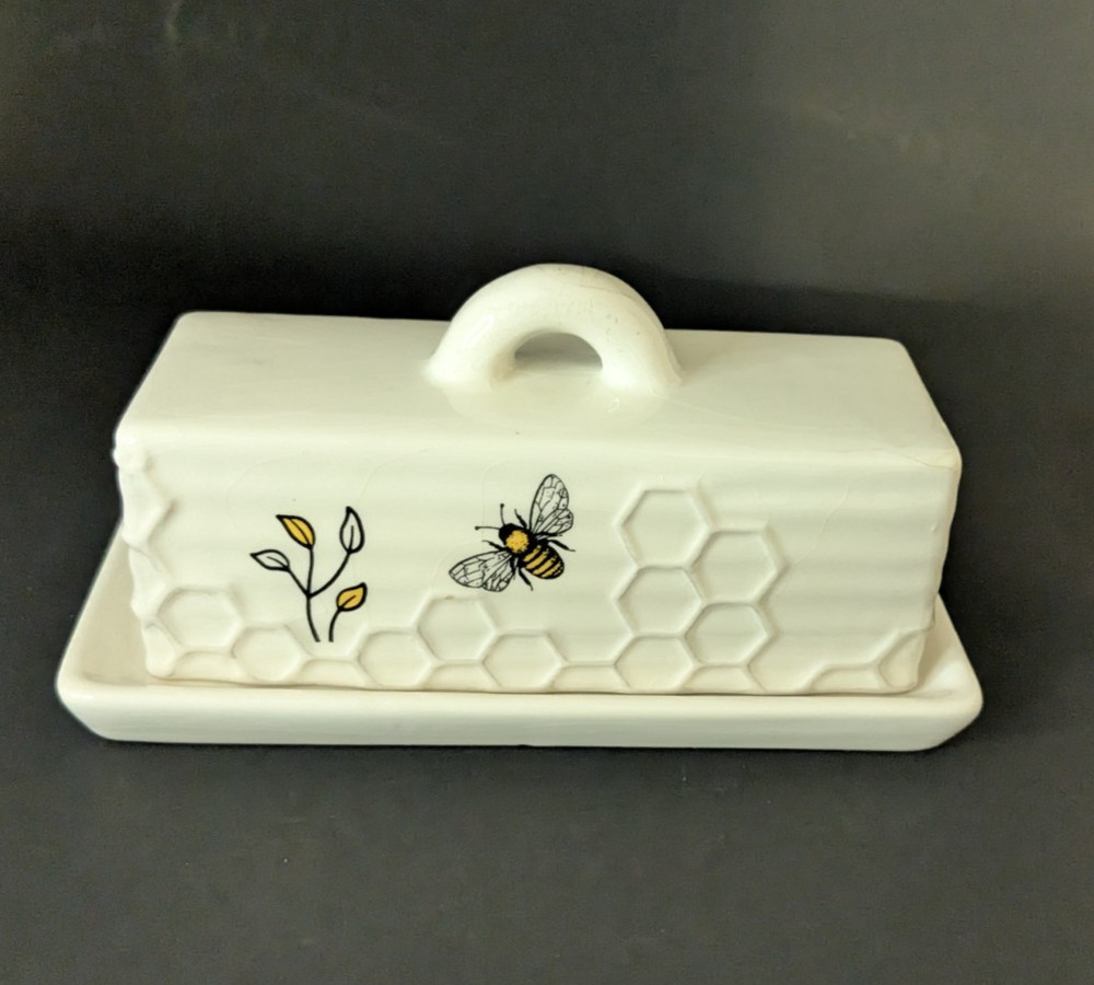 Decorative Honey Bee Butter Dish – White Ceramic Honeybee Pattern With Flora...