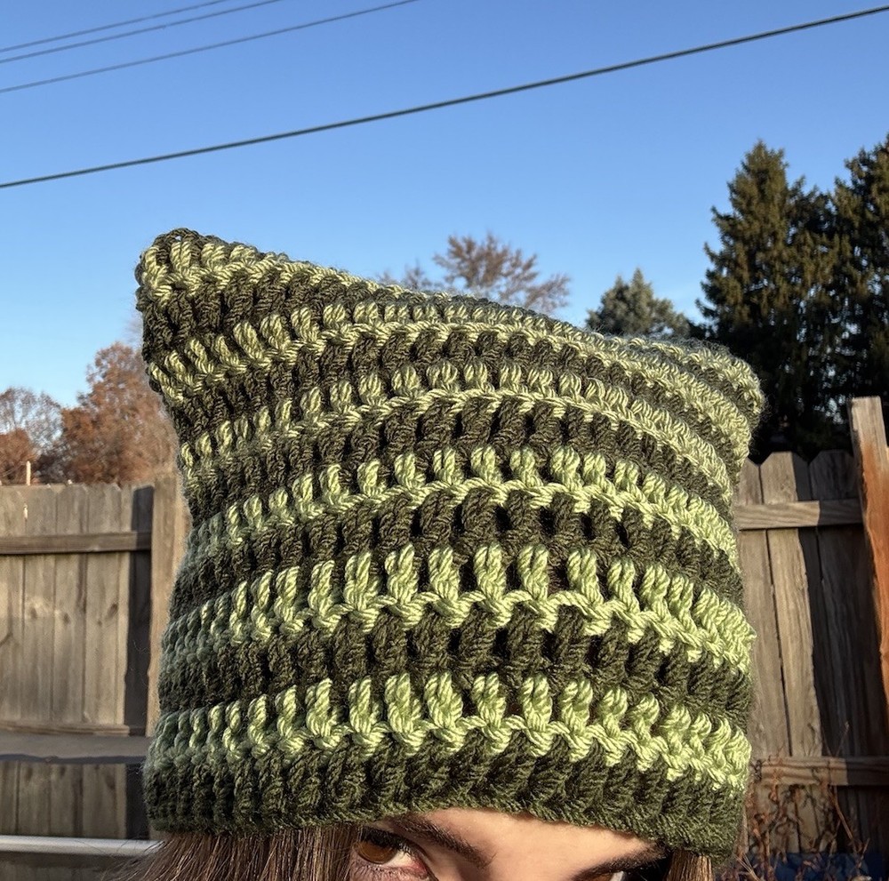Handmade Crochet Cat Beanie - Light & Dark Green