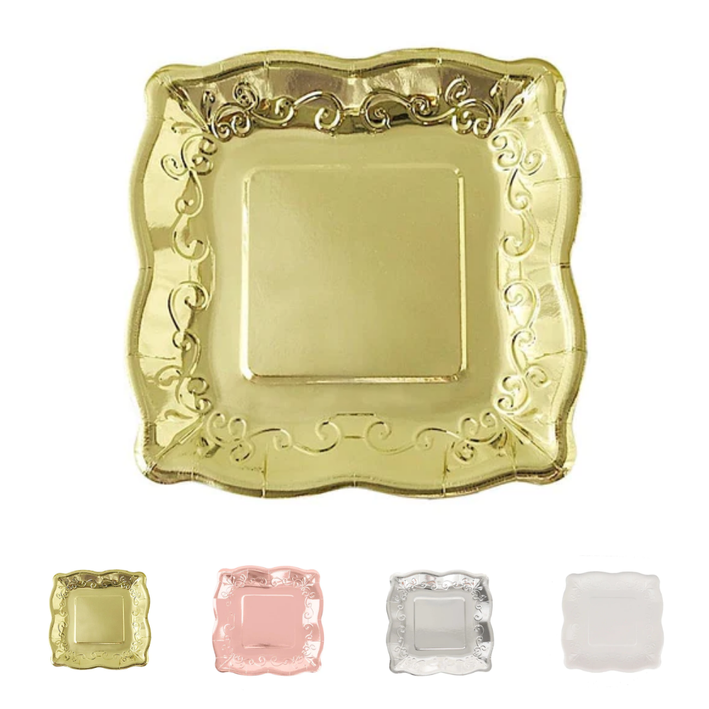 25 Square 7" Paper Dessert Dinner Plates Scroll Design Rim Party Event Tableware
