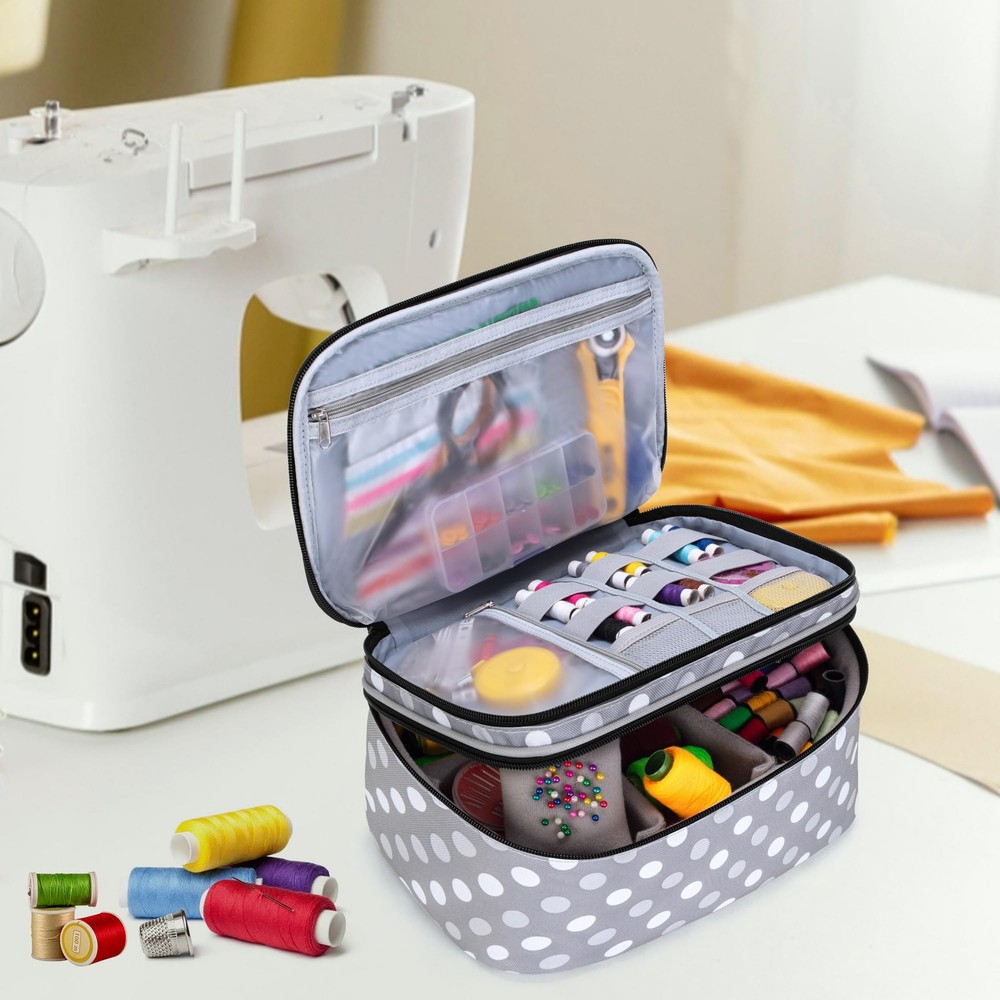 Luxja Double-Layer Sewing Accessories Organizer, Large, Grey Dots
