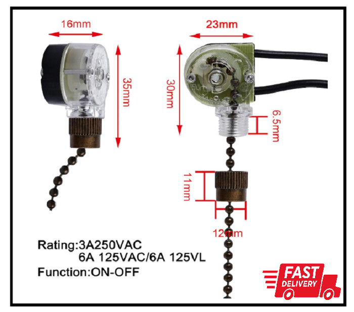 3 Pack Ceiling Fan Pull Chain Switch Zing Ear ZE-109 Two-Wire Light Switch Contr
