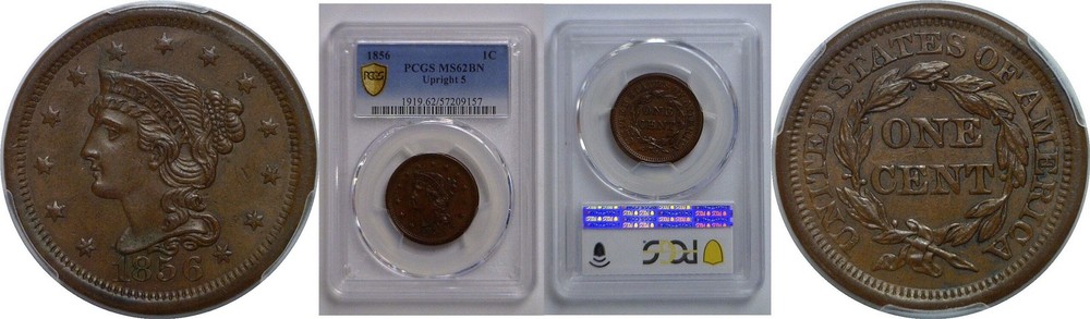 1856 Upright 5  Large Cent   PCGS MS-62 BN