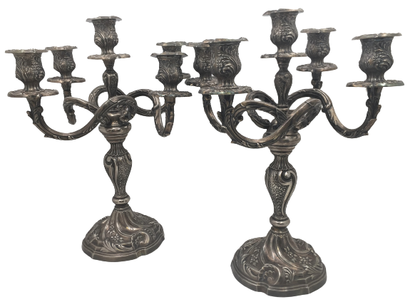 Pair of Rococo Style Silver 5-Light Candelabra