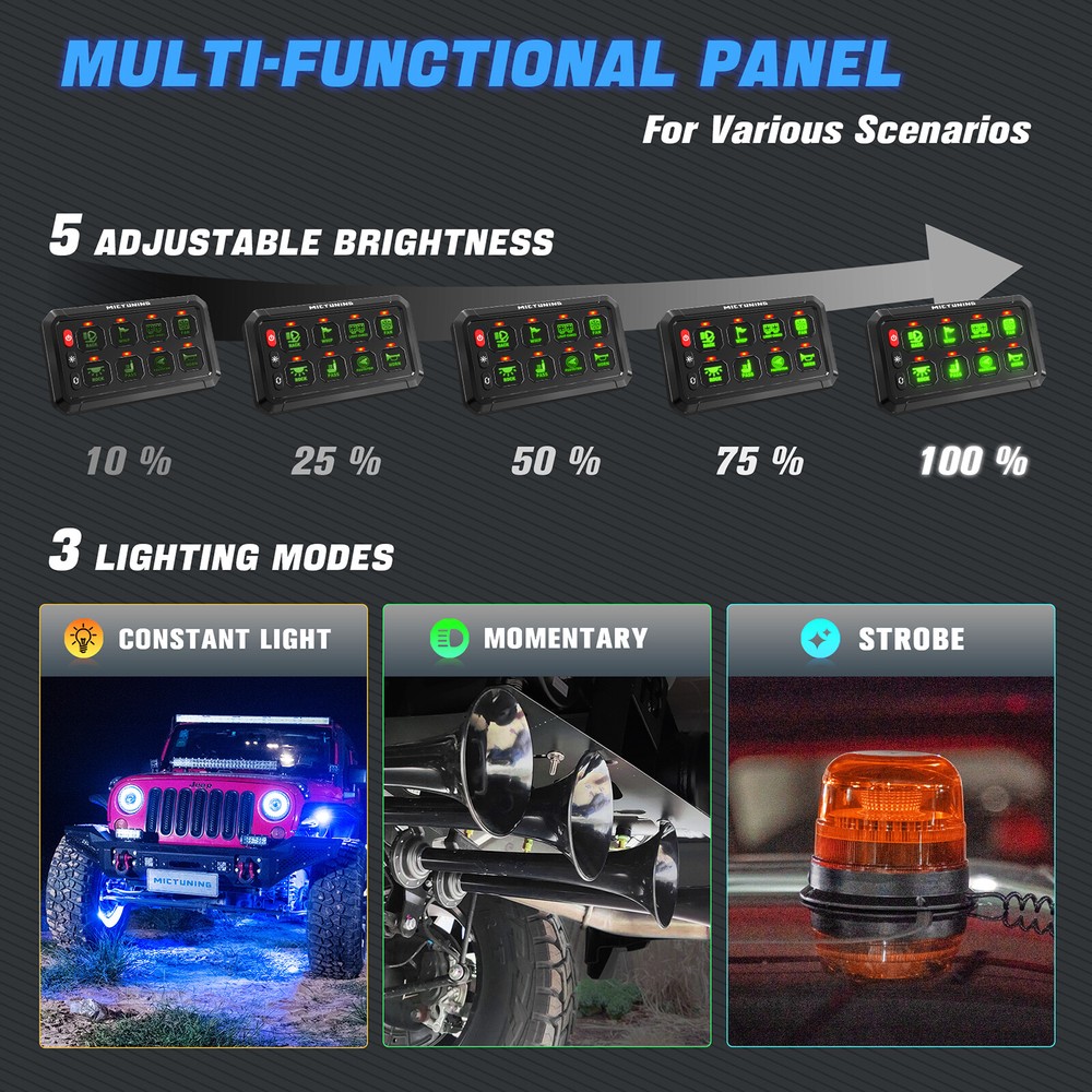 12/24V 8 Gang Switch Panel Led Light Bar Switch Momentary Strobe Switch Pod, USA