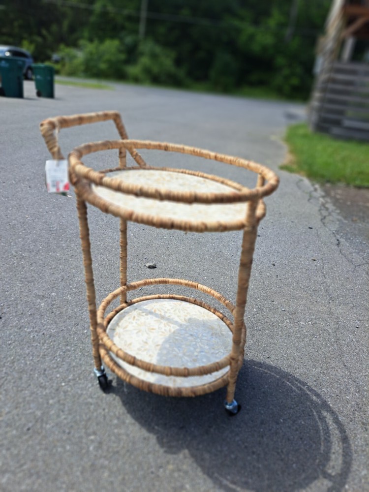 Round wicker and tile rolling bar cart, beige and silver,