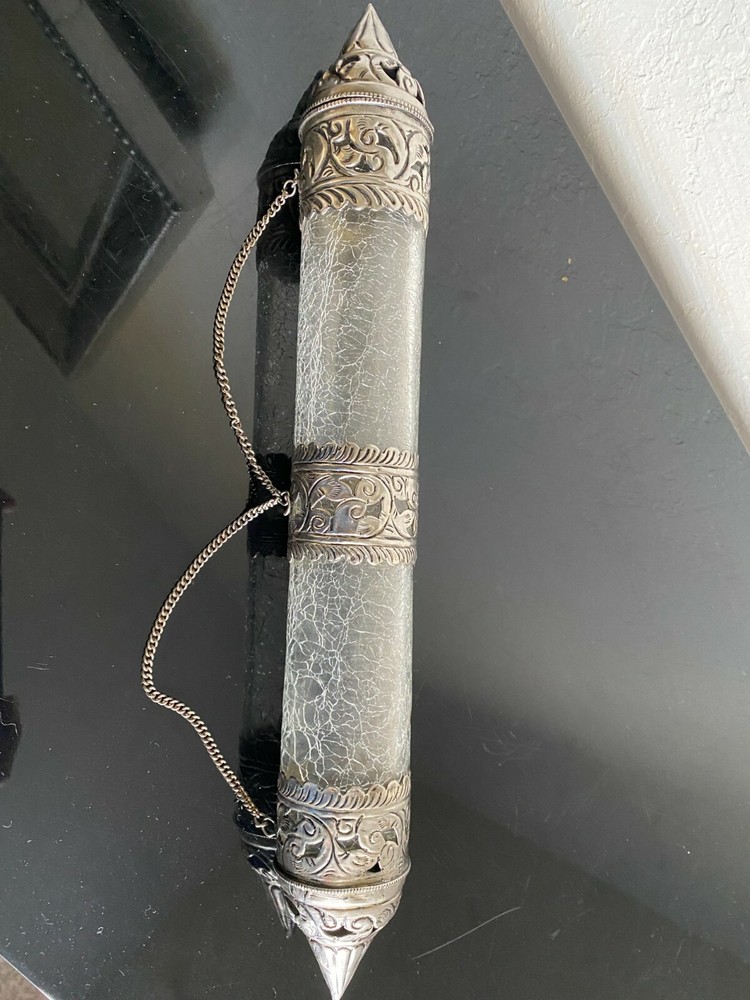 Middle Eastern pierced white metal scroll holders with broken glass effect