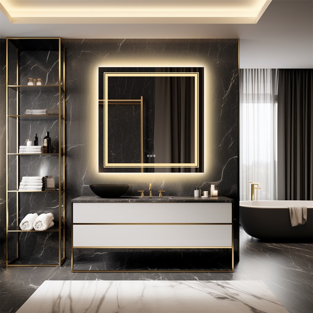 Double LED Bathroom Mirror 32x32 with Lights Defog Stepless Dimmable Wall Mirror