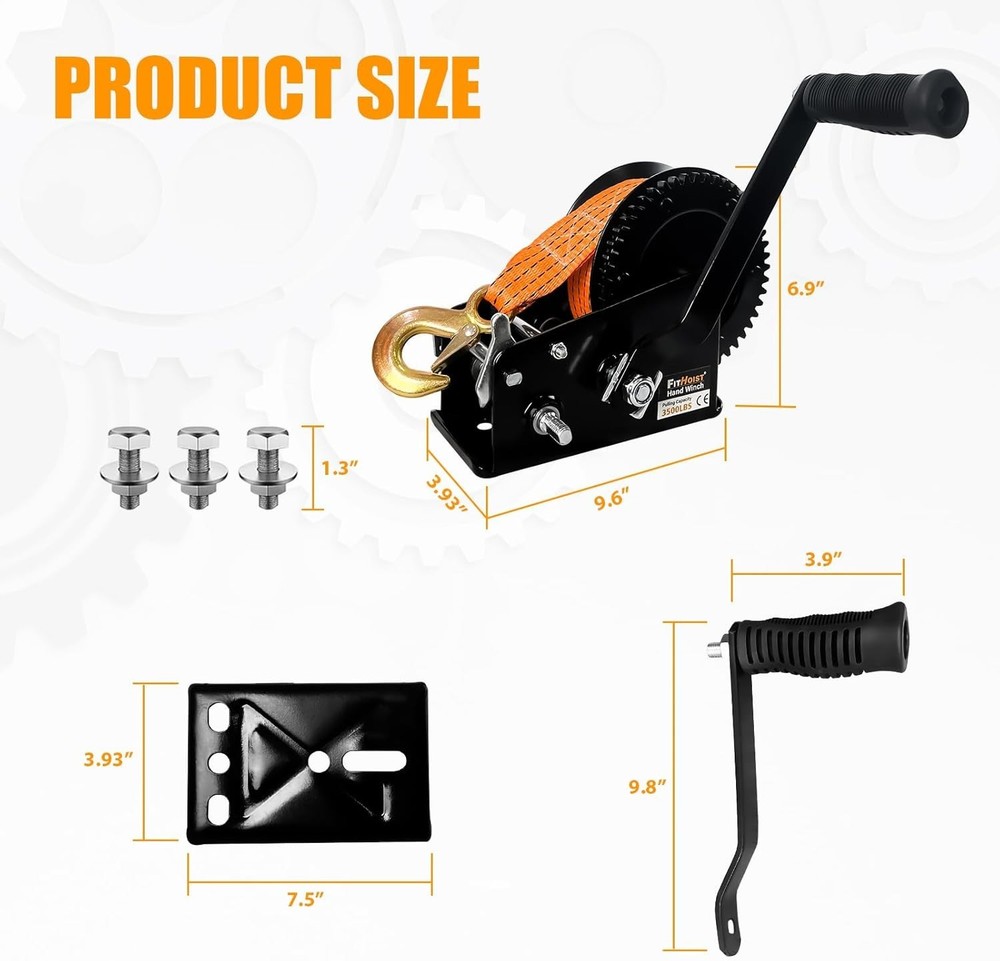 Boat Trailer Winch，Heavy Duty Hand Winch with Polyester Strap, 3500LBS