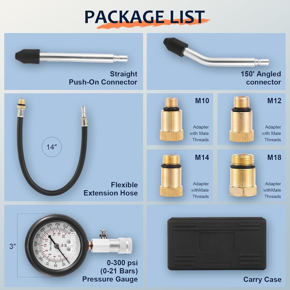 Comprehensive Engine Compression Tester Kit - Clear Dual Scale Gauge & Adapters