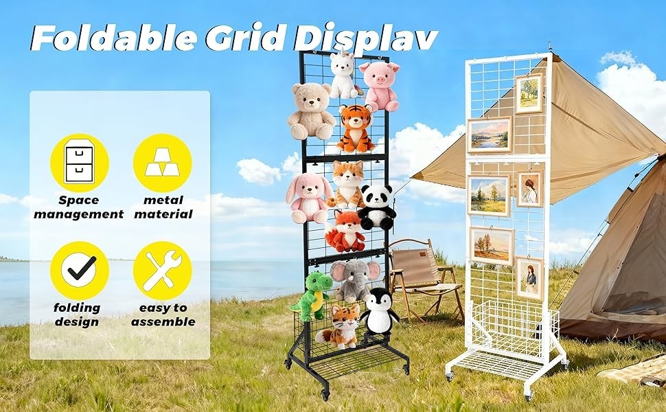 Display Grid Rack 6 ft Panel Foldable Craft Art Gridwall Tower W/ Basket & Tray
