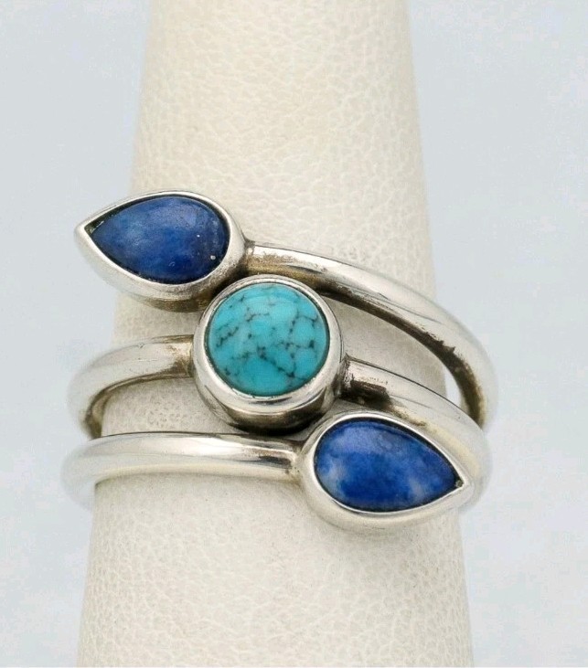 Lapis Turquoise 3 Stone Sterling Ring 6