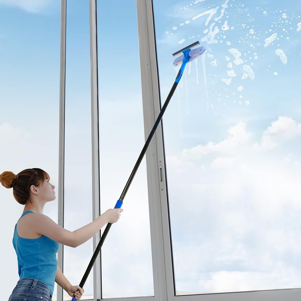 Professional 69'' Window Squeegee Cleaner Tool with Extension Pole with Scrubber