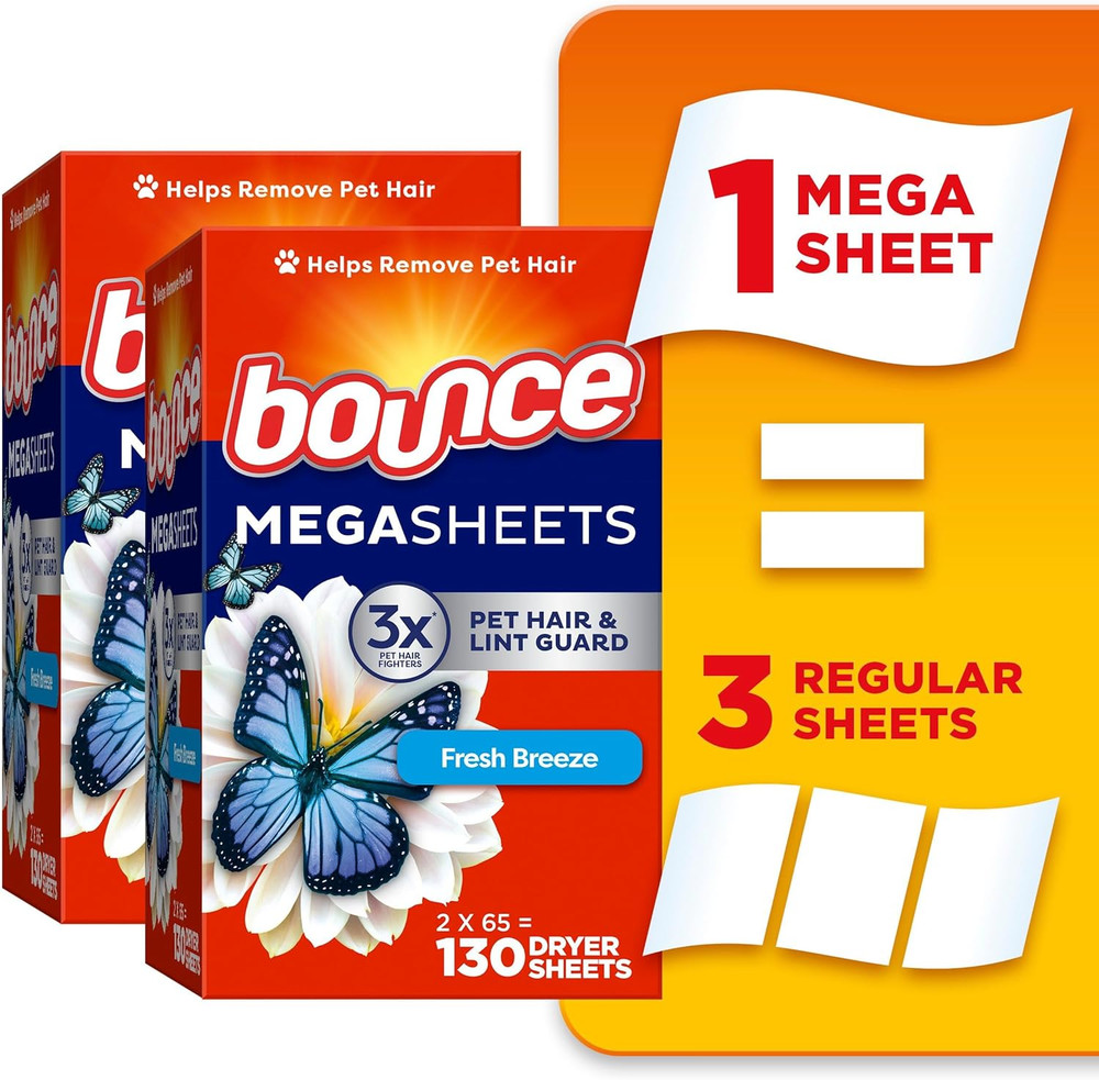 Mega Dryer Sheets, Fresh Breeze, 130 Count, Mega Fabric Softener Sheets with Sta