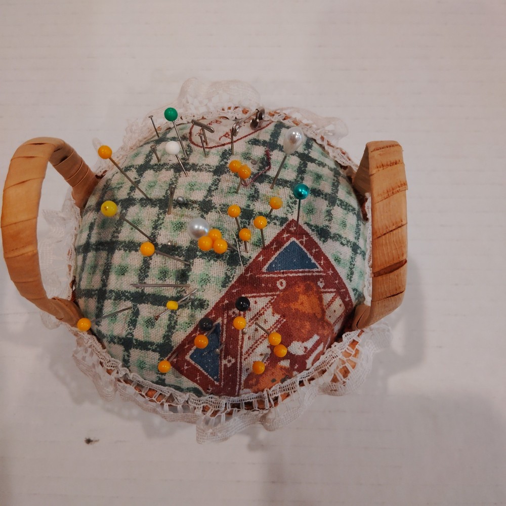 Vintage Handmade fabric pin cushion, patchwork pattern and lace trim