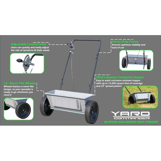 Yard Commander Drop Spreader 60-lb Capacity Compatible with Fertilizer, Seed