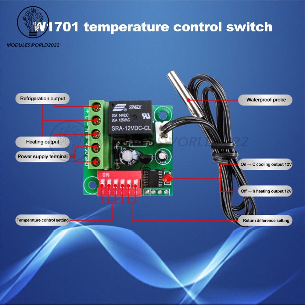 DC12V Thermostat Digital Temperature Control Switch Temp Controller 20-90℃ W1701