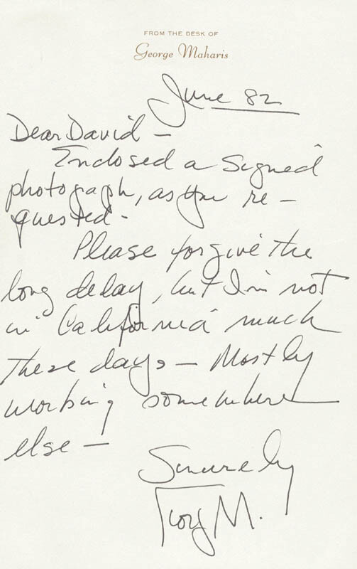 GEORGE MAHARIS - AUTOGRAPH LETTER SIGNED 06/1982