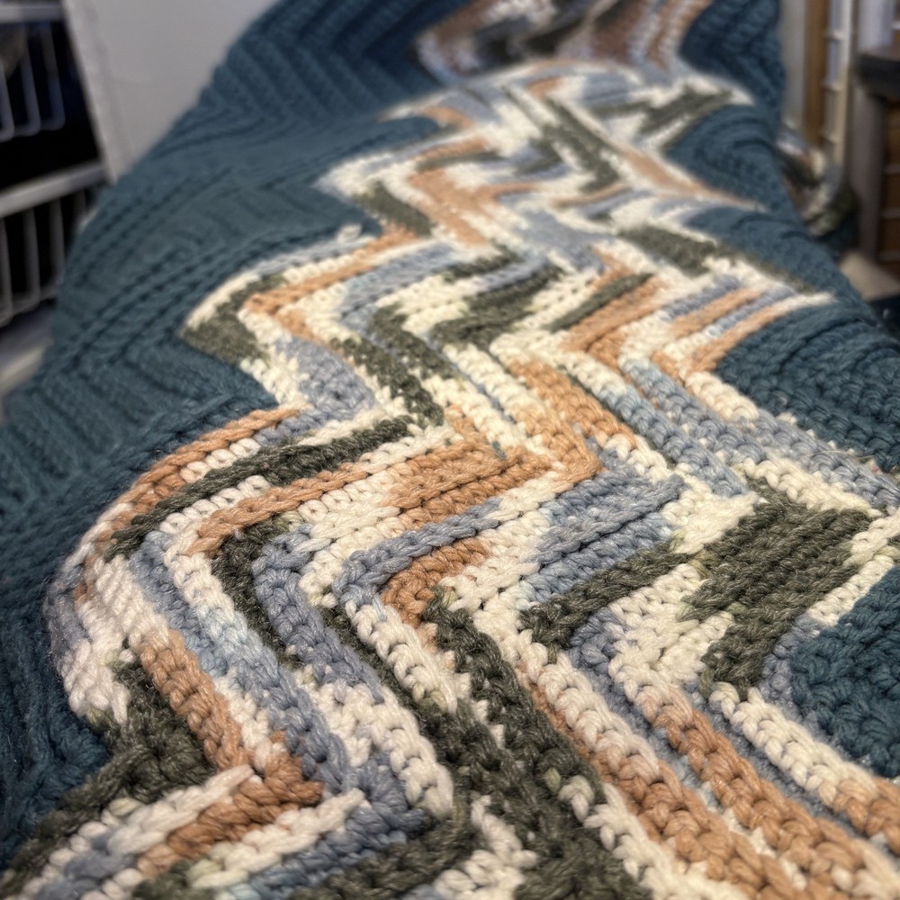Vintage Crocheted Chevron Pattern Throw Blanket 83”x33” Handmade Afghan