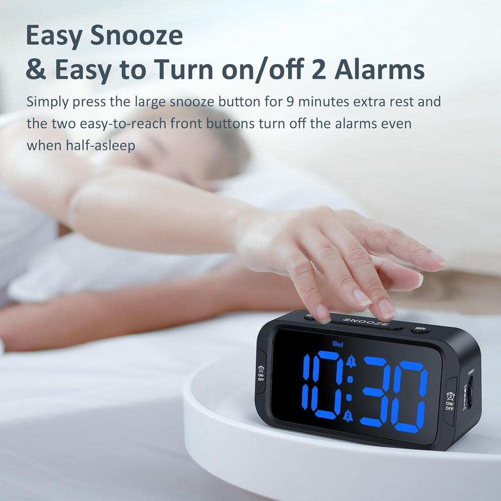 Versatile USB Charging Alarm Clock with Compact Design & Dimmer – Black/Blue LED