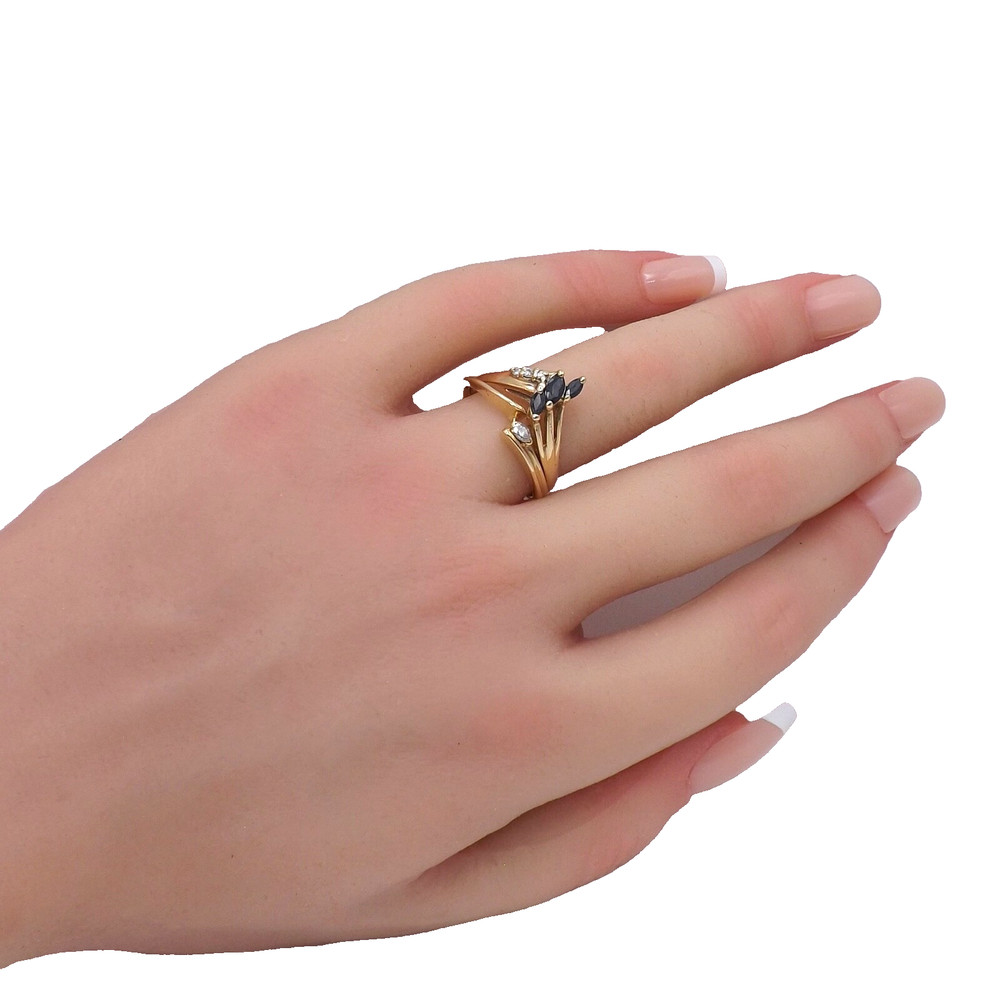 Solid 14k Gold Marquise Natural Sapphire Diamond Ring V Notched Setting sz8