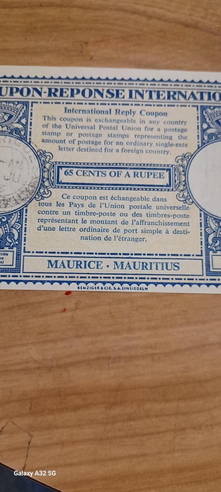 International Reply Coupon Mauritius 1963 different text at back