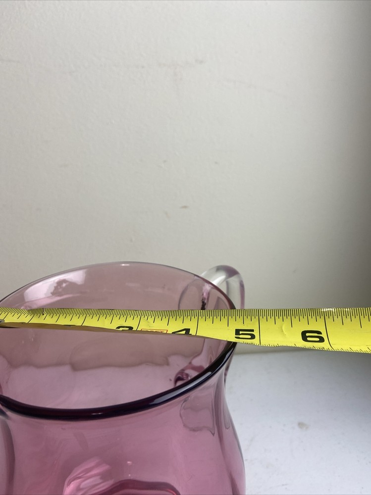Handblown Cranberry Glass Pitcher Applied Glass Handle 6.75” Tall