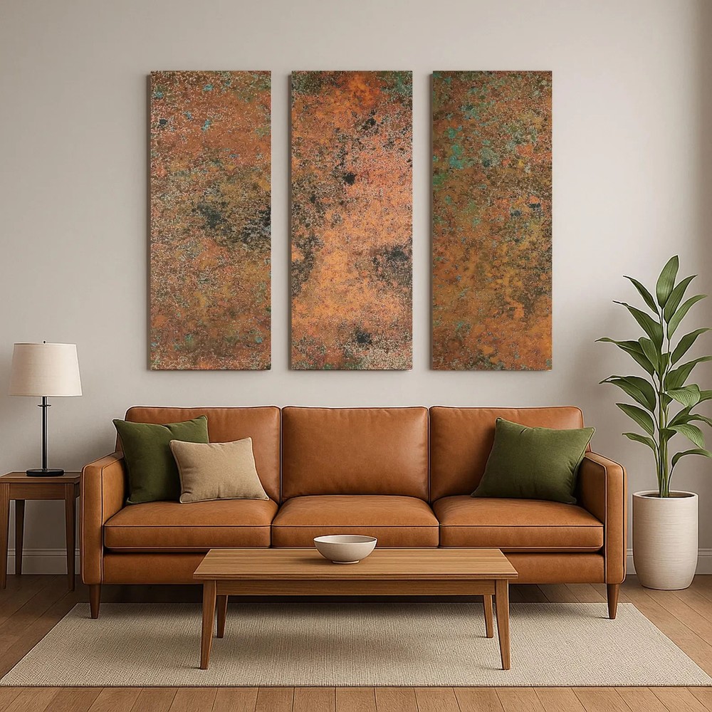 Real Copper Wall Art – 3 Panel Decorative Metal Artwork – Abstract Patina Design