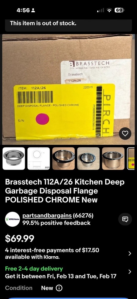 Brasstech 112A/26 Kitchen Deep Garbage Disposal Flange CHROME New with stopper
