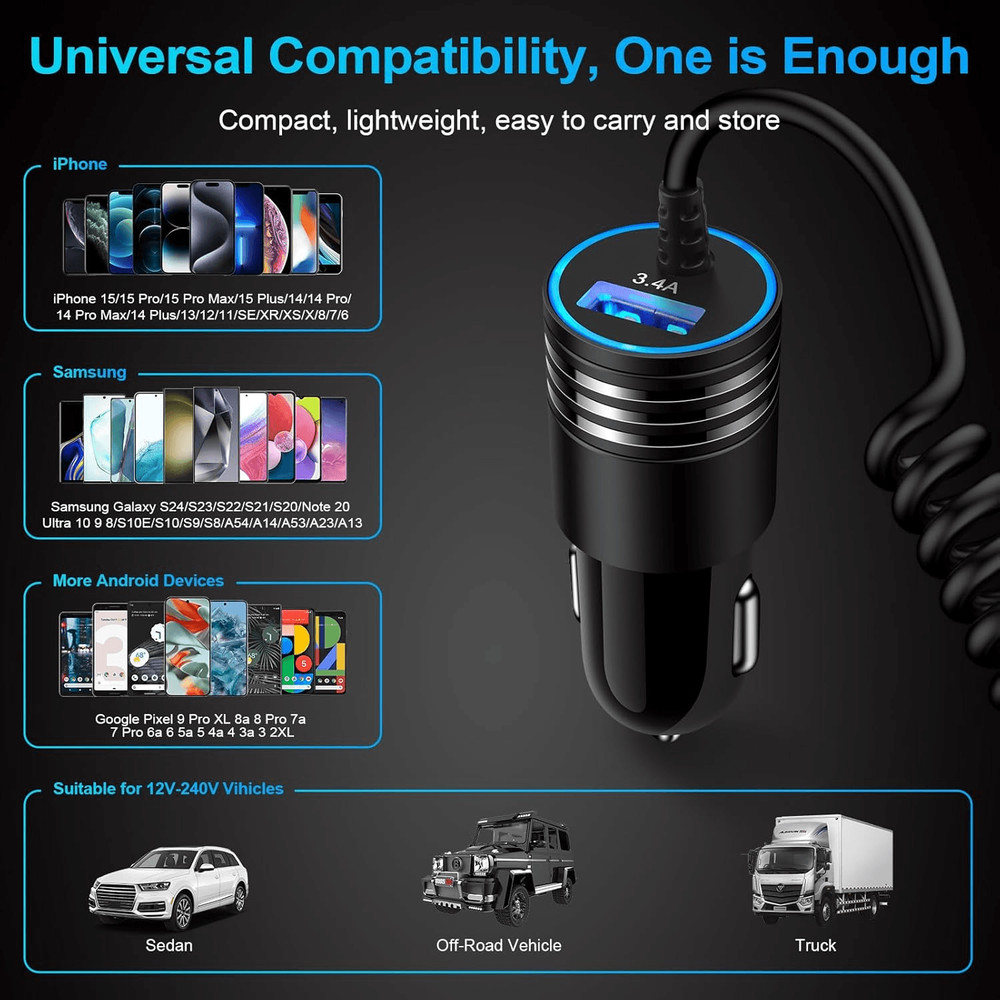 Android Car Charger Fast Charging Type C Coiled Cord, USB C Cigarette Lighter Ad