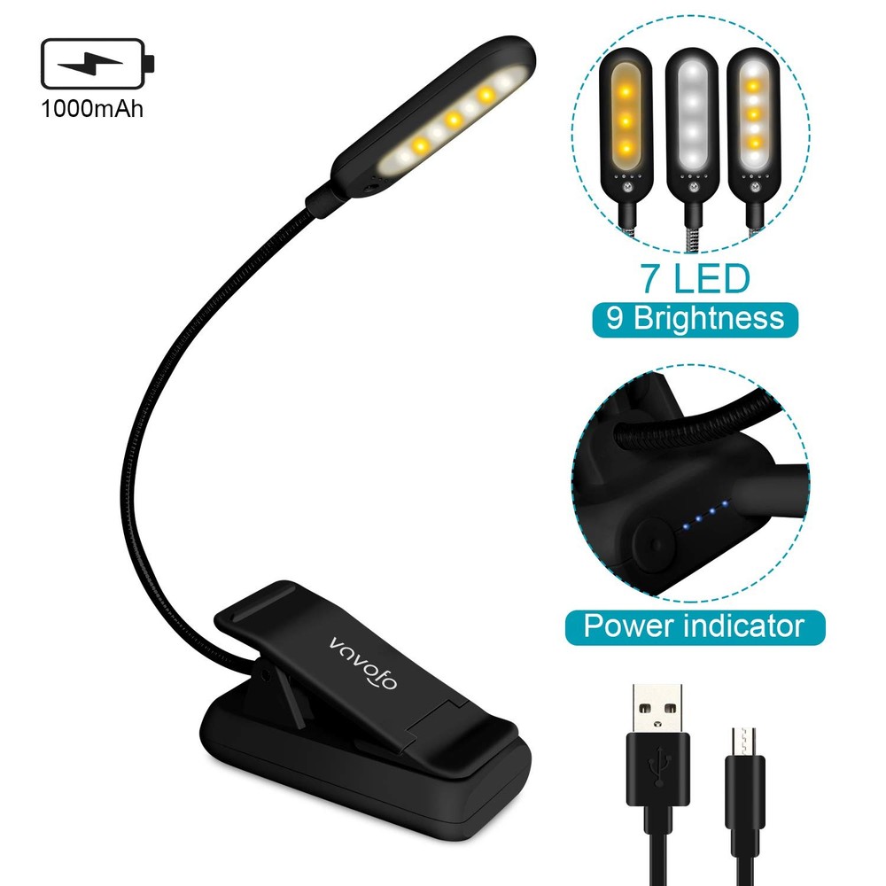VAVOFO Rechargeable Reading Light 7 LEDs with 9 Color Temperature Brightness