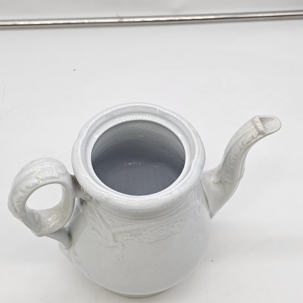 Early White Ironstone Teapot Molded Vine Like Scroll Relief Pattern