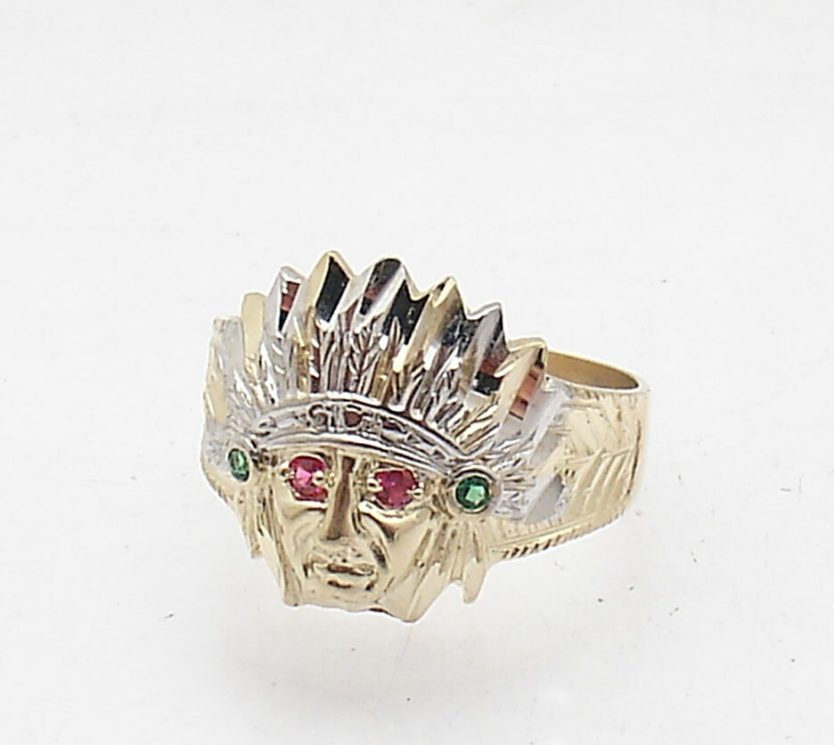 3D Size 10 Men's Indian Chief Head Ring Real Solid 10K Yellow White Gold