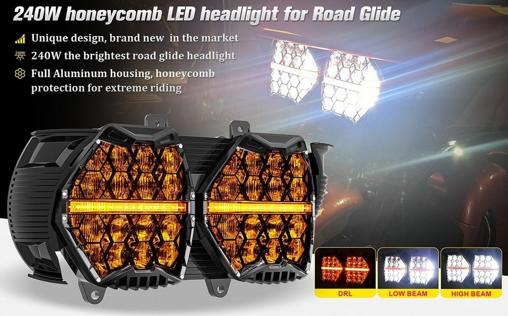 2015-2023 Road Glide - Honeycomb LED headlight set .. Very BRIGHT!
