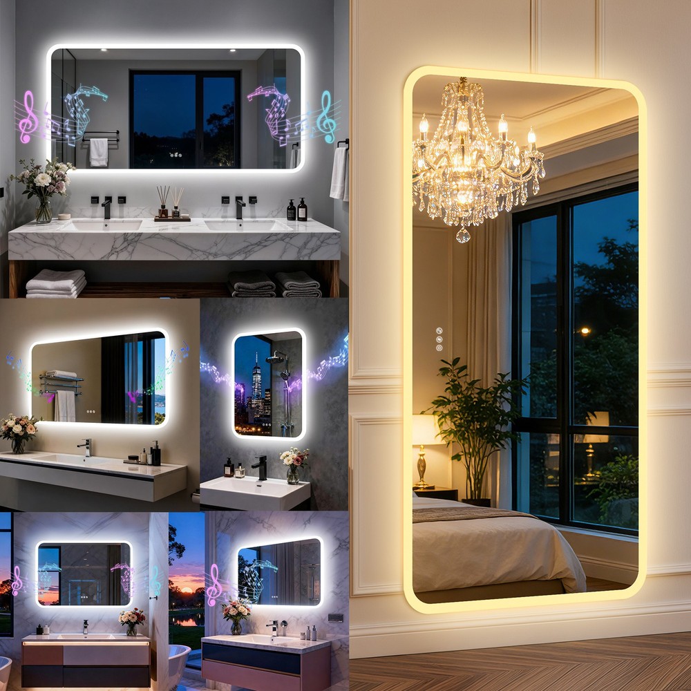 Anti-fog LED Mirror Bathroom w/ Bluetooth Speaker Rectangle Memory Vanity Mirror