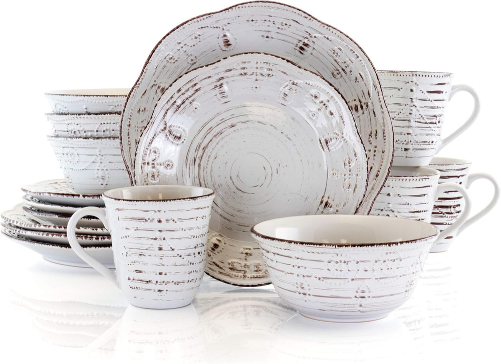 Rustic Birch 16 Piece Embossed Scalloped Stoneware round Dinnerware Set in White
