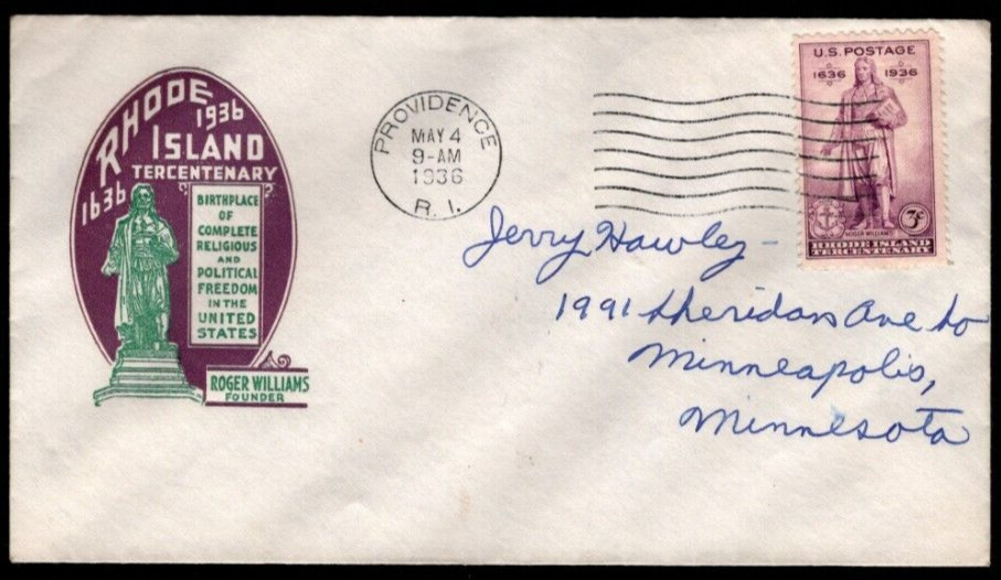 Rhode Island Tercentenary FDC, SC# 777, Ioor cachet, back flap closed