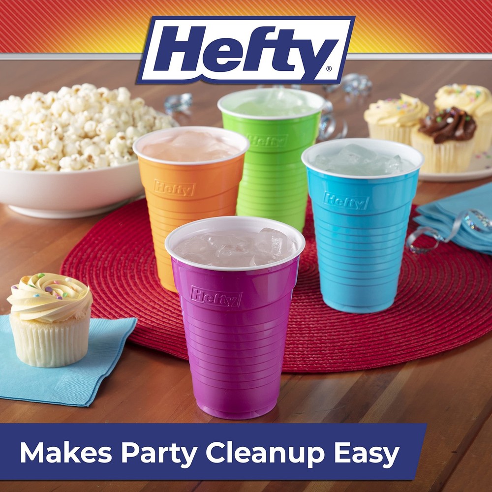 Hefty Party On Disposable Plastic Cups, Assorted, 100 count, Assorted Colors