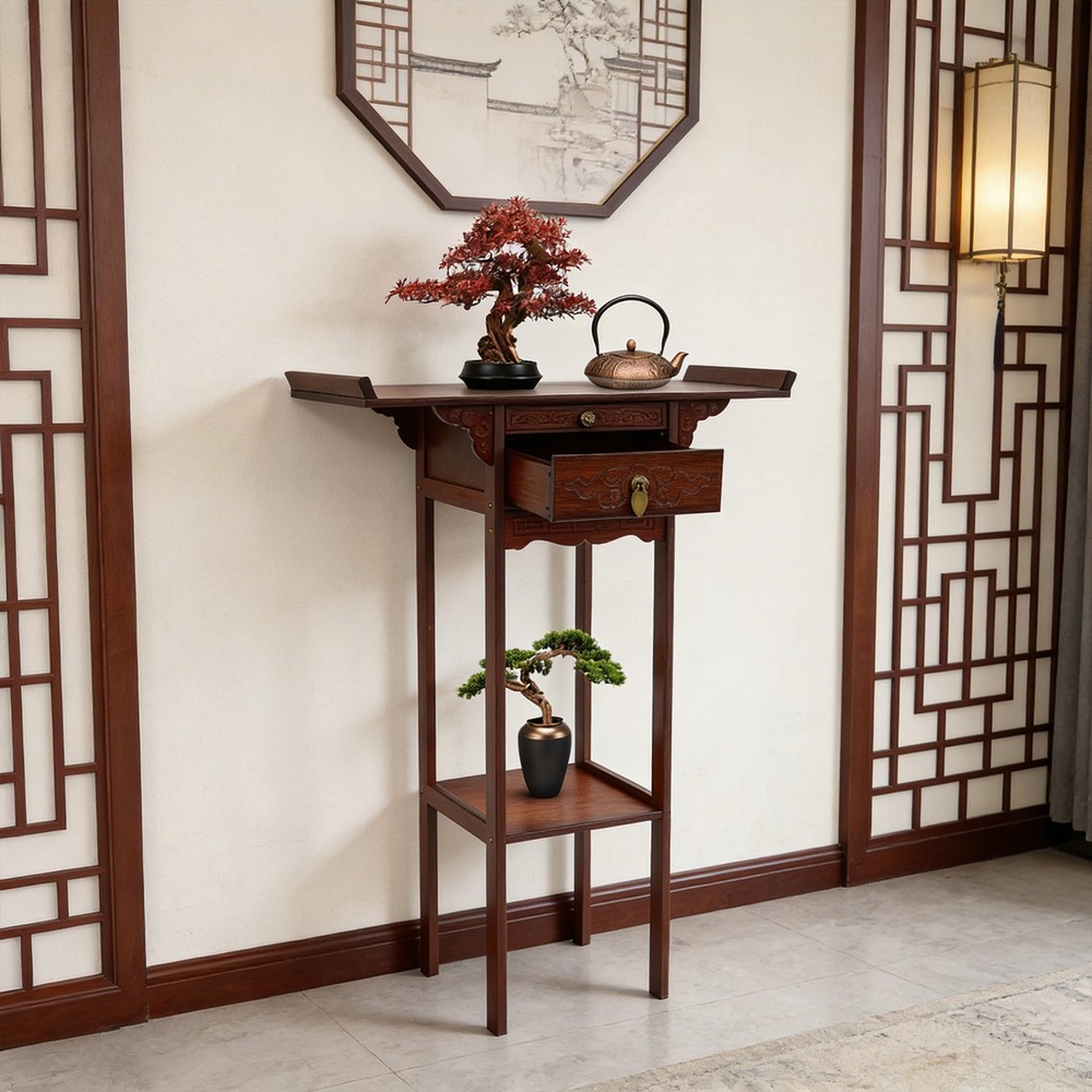 Meditation Altar Table With Pull-out Storage Board And Exquisite Carving