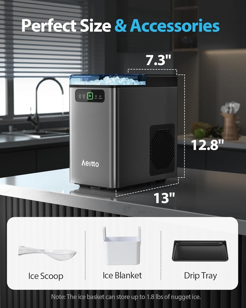 Aeitto Nugget Ice Maker Countertop,Pellet Ice Maker Machine Soft Chewable Ice