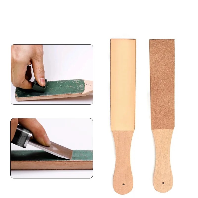 1Pcs Leather Sharpening Wood Handle Strop Tool Double Sided,1Pcs Polish Compound