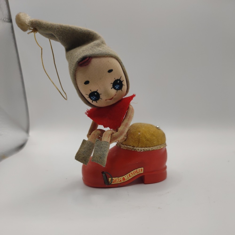 Vintage pixie elf boot pin cushion measuring tape